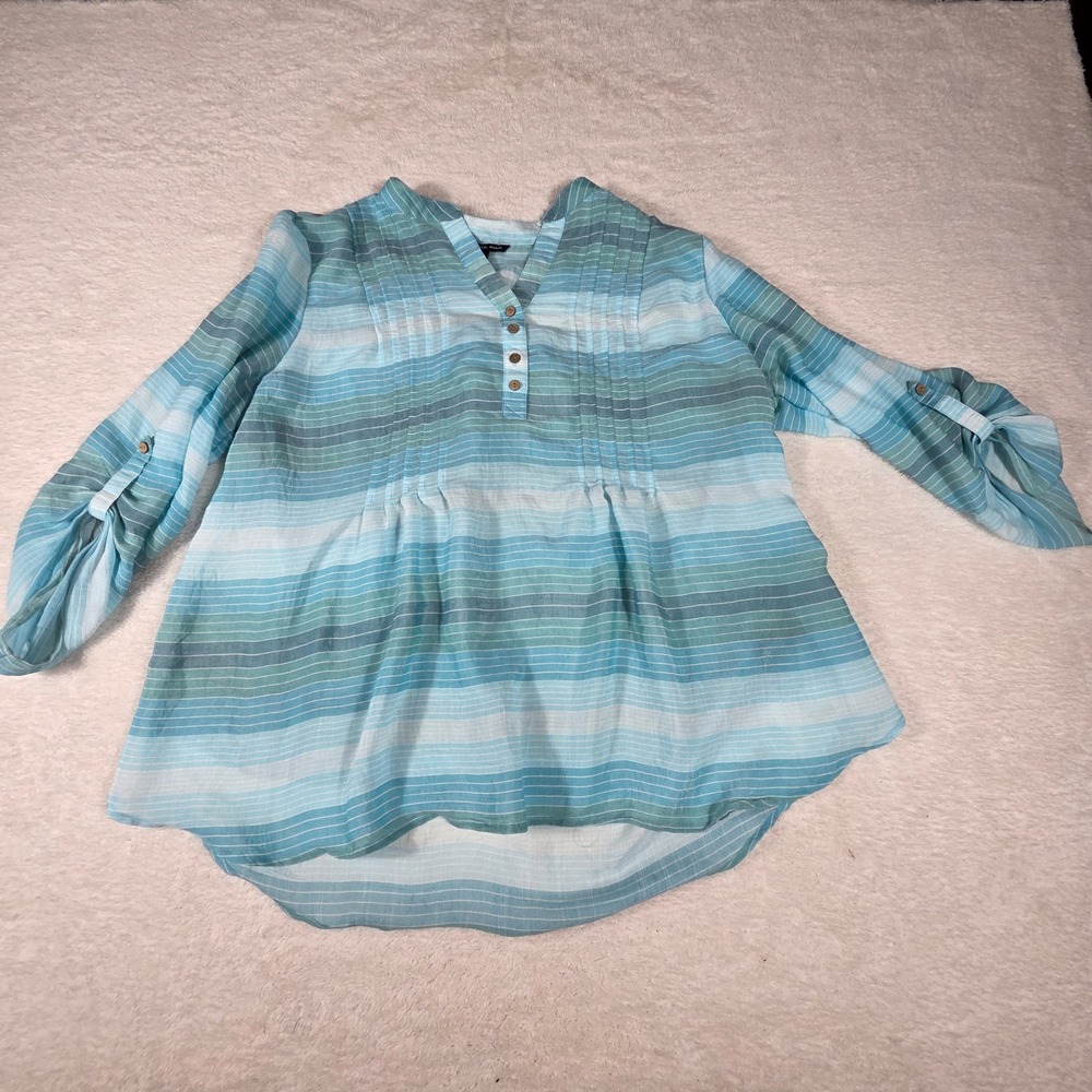 Zac & Rachel Woman Tunic 1X‎ Blue Striped Good Henley Roll-Tab Sleeve Boho Top
